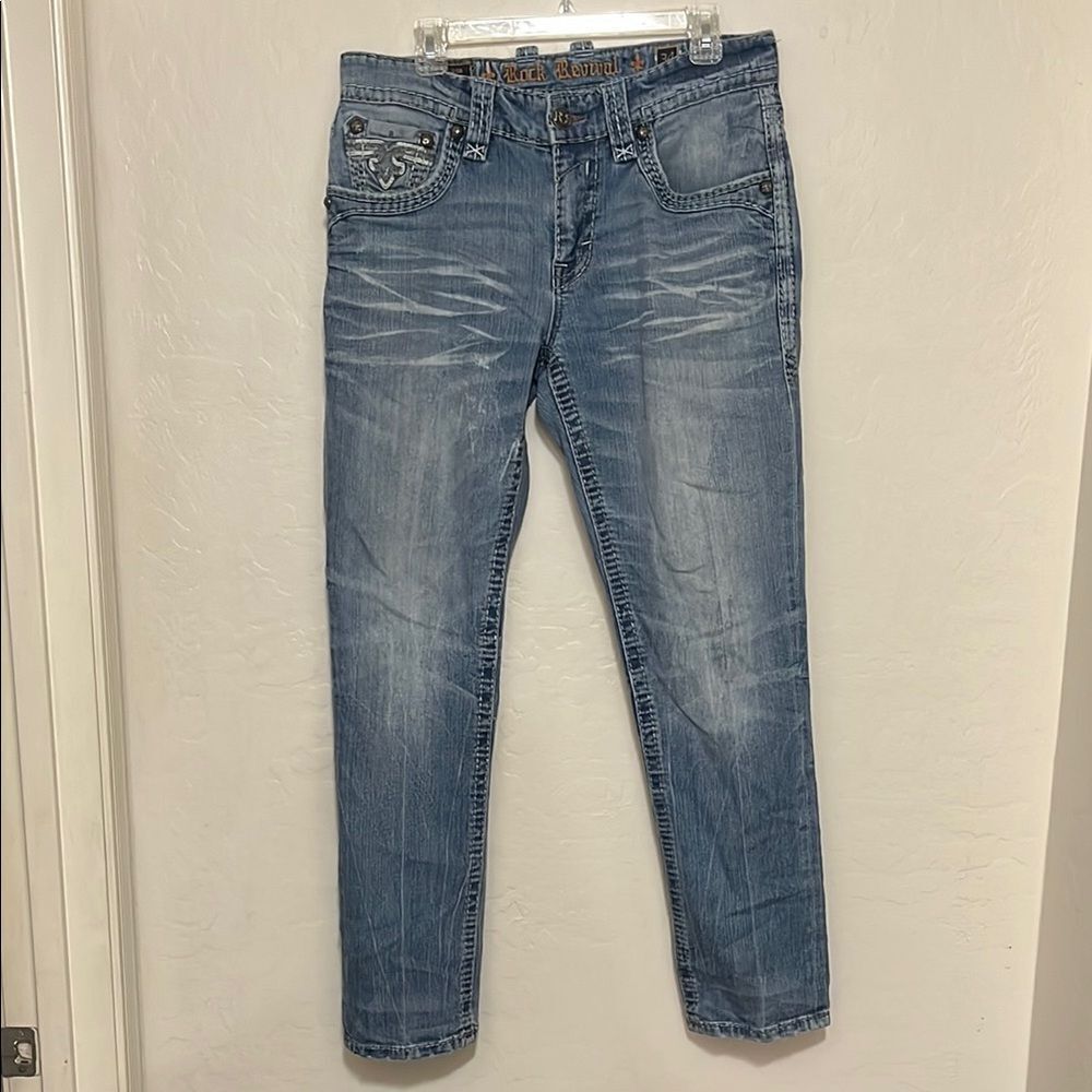 Rock Revival Phantom Slim Straight Blue Distressed Ripped Denim Jeans Modern